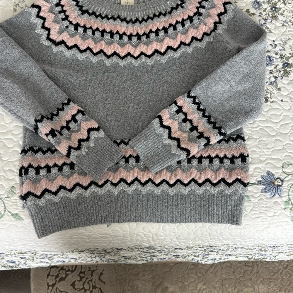 Gray and Pink Fair Isle Crew Neck Sweater